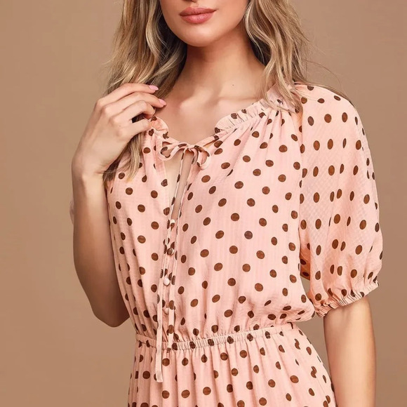 Lulus Love You Tier-ly Women's‎ Blush Pink Polka Dot Tiered Midi Dress Medium - Picture 2 of 12